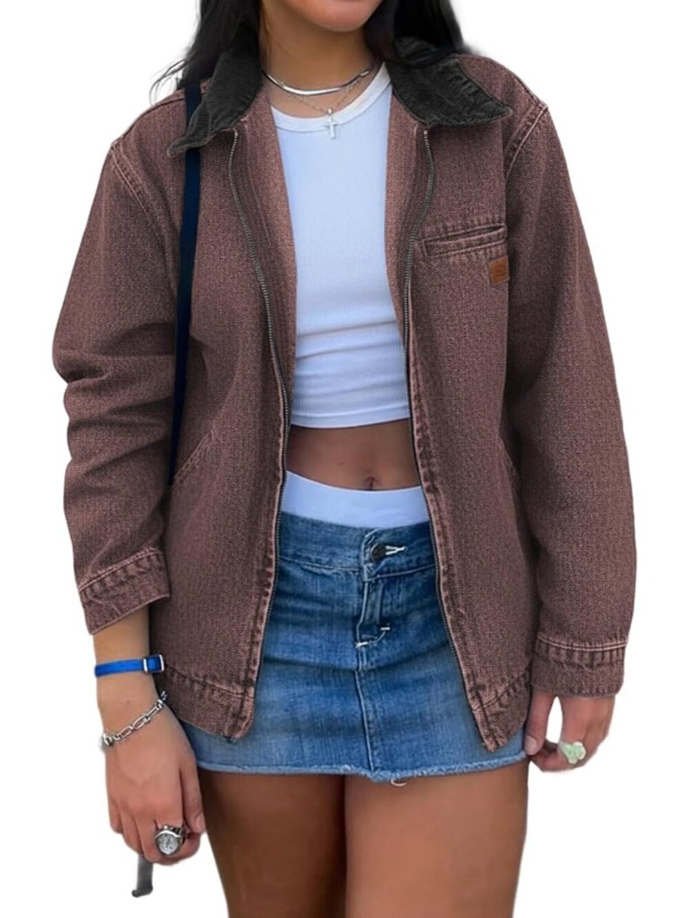 Women's Brown Black Jean Cropped Zip Up Denim Jackets Contrast Collar and Pocket - Picture 6 of 7